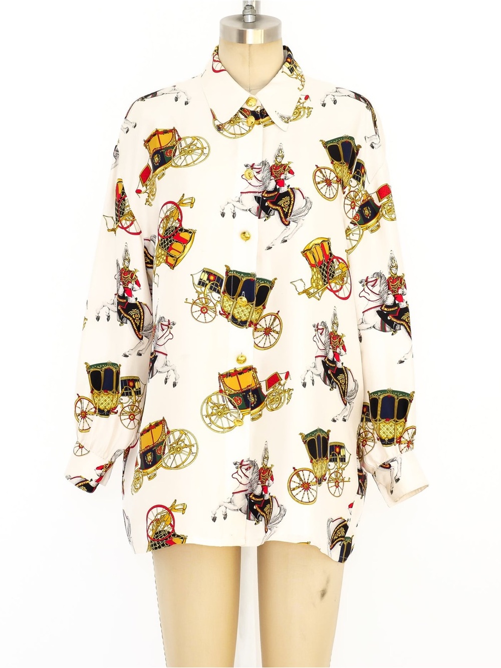 Escada Cream Blouse with Gold, Red and Black Carriage Print